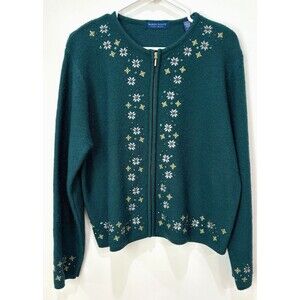 Vintage Kelly Green Embroidered Wool Cardigan Womens L Nordic Granny Y2K 90s